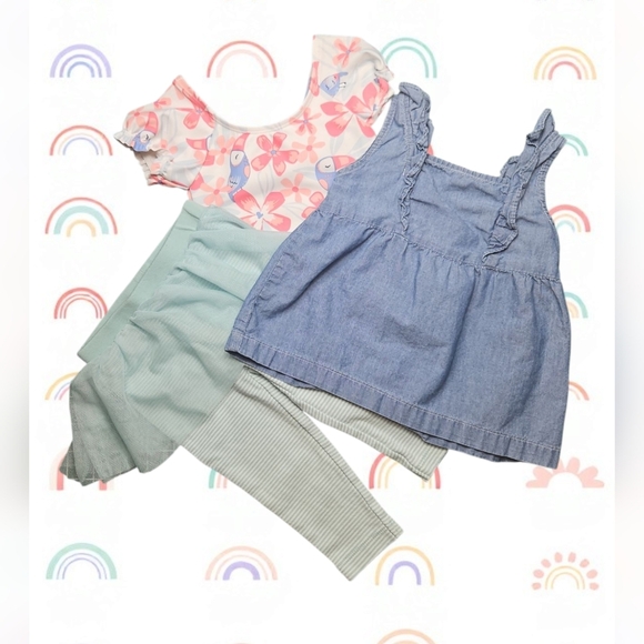 Carter's Baby Girls 9 Months Bundle Bathing Suit, Leggings, Denim Ruffle Top - Picture 1 of 6